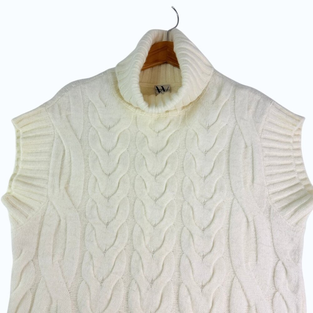 Cable Knit Sleeveless Turtleneck Sweater Women XS Cream Chunky Cozy Chic - Picture 3 of 9